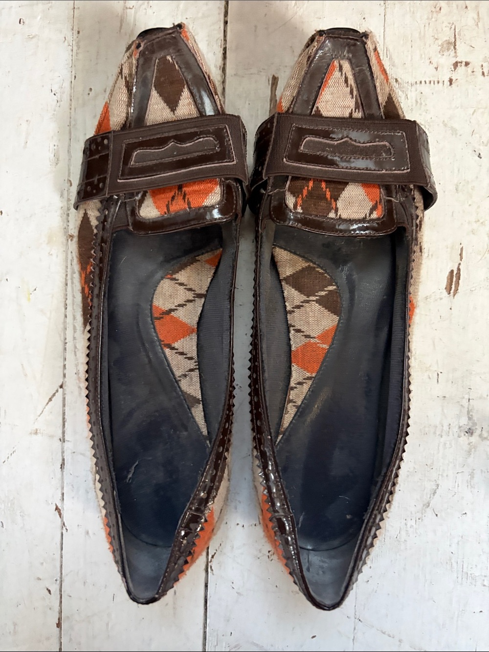 Brown and Orange Pointed-Toe Flats with Argyle Accent